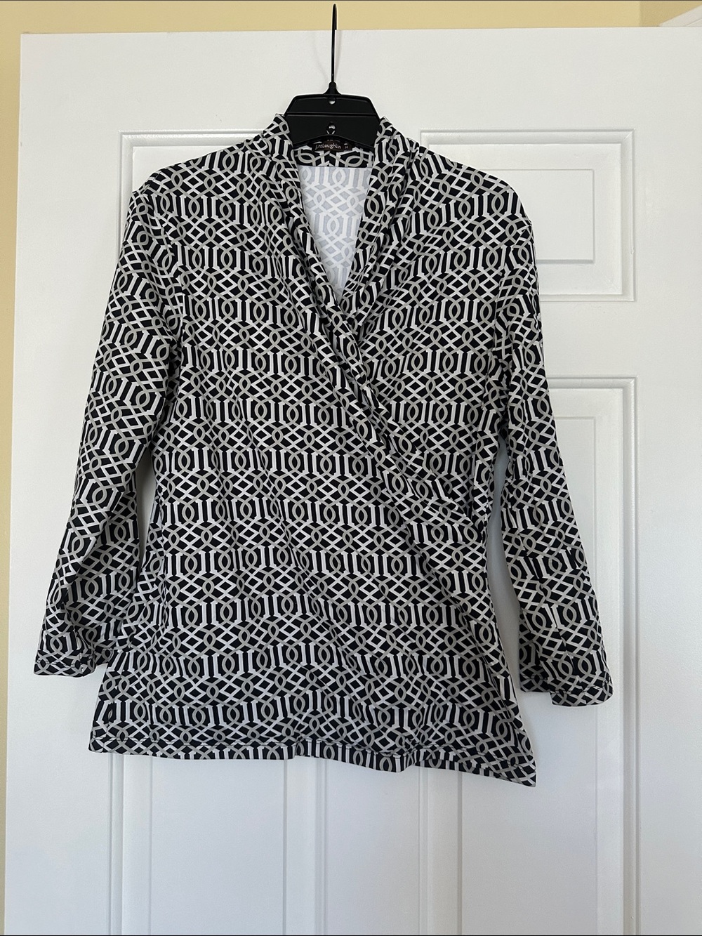 J. McLaughlin Black and White Geometric Wrap Top